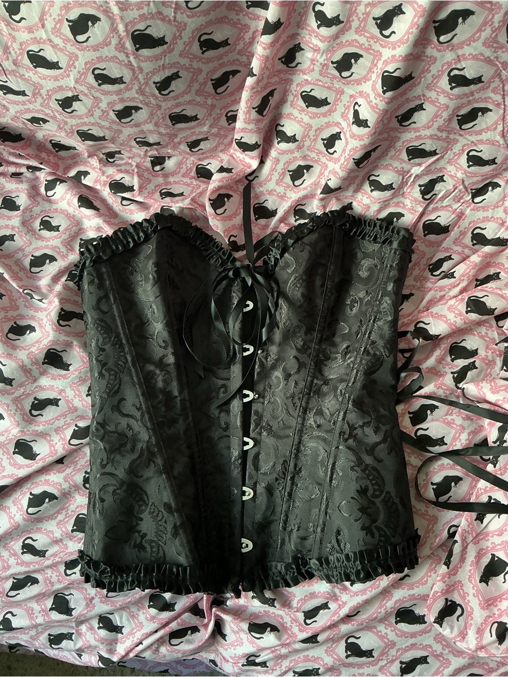 Black Lace-Up Brocade Corset Top - Women Size M